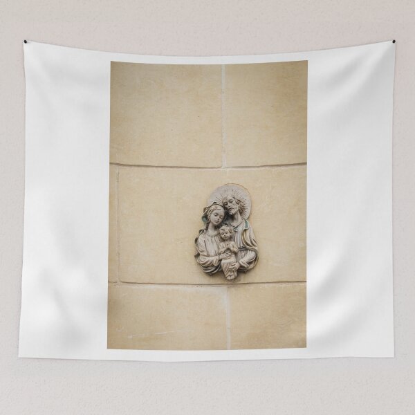 Item preview, Holy Family Relief Sculpture On Beige Stone Wall — Madonna, Joseph And Infant Jesus Religious Icon designed and sold by Nmallia.
