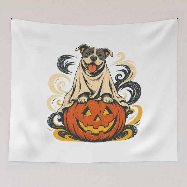 Item preview, Spooky Ghost Pit Bull Pumpkin Staffordshire Terrier designed and sold by chattsuede.