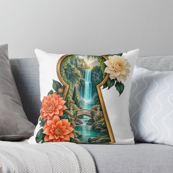Item preview, Enchanted Garden Keyhole with Waterfall and Dahlias – Fantasy Nature Art designed and sold by Pixel & Ponder.