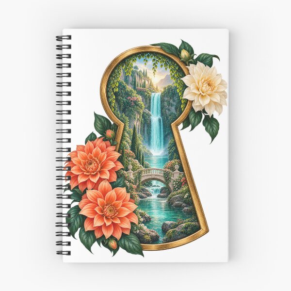 Item preview, Enchanted Garden Keyhole with Waterfall and Dahlias – Fantasy Nature Art designed and sold by Pixel & Ponder.