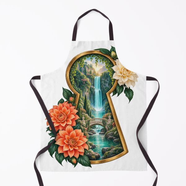 Item preview, Enchanted Garden Keyhole with Waterfall and Dahlias – Fantasy Nature Art designed and sold by Pixel & Ponder.