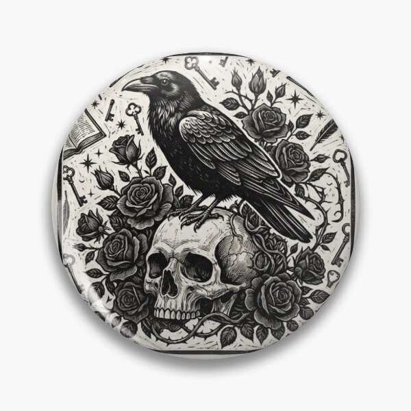 Item preview, Raven and Skull Floral Linocut designed and sold by BrFrong.