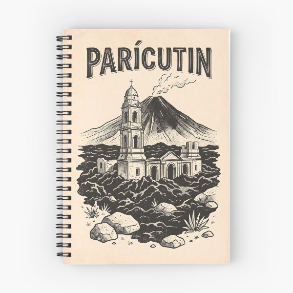 Item preview, Parícutin Volcano and Ruins of San Juan Parangaricutiro Vintage Woodcut Poster designed and sold by Wild Places Paper Co..