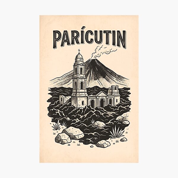 Item preview, Parícutin Volcano and Ruins of San Juan Parangaricutiro Vintage Woodcut Poster designed and sold by Wild Places Paper Co..