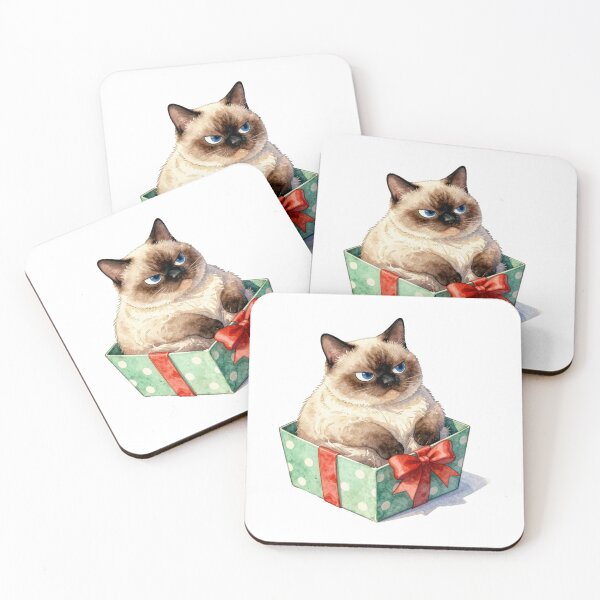 Item preview, grumpy siamese cat in a gift box watercolor designed and sold by WildArtIT.