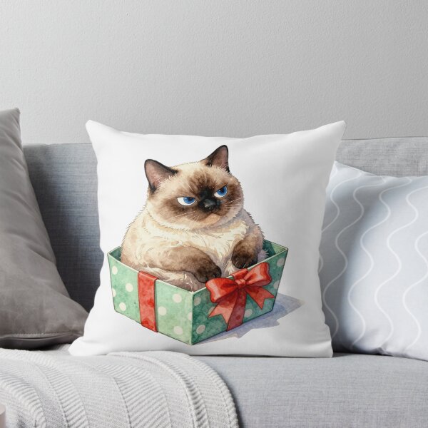 Item preview, grumpy siamese cat in a gift box watercolor designed and sold by WildArtIT.