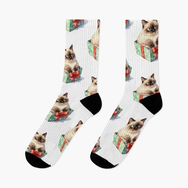 Item preview, grumpy siamese cat in a gift box watercolor designed and sold by WildArtIT.