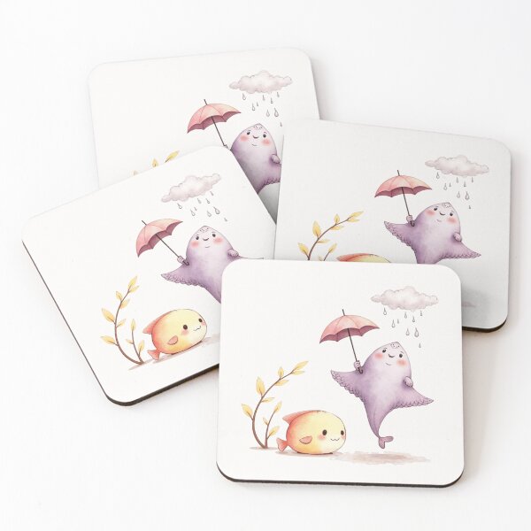 Item preview, Cute Stingray with Umbrella and Round Fish - Kawaii Autumn Rain designed and sold by DariaCraft.