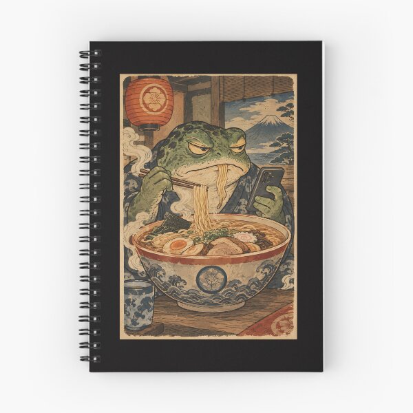 Item preview, Grumpy Frog Eating Ramen While Scrolling Phone – Vintage Japanese Ukiyo-e Style designed and sold by Lina Caro.