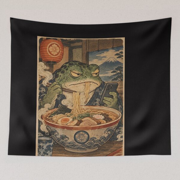 Item preview, Grumpy Frog Eating Ramen While Scrolling Phone – Vintage Japanese Ukiyo-e Style designed and sold by Lina Caro.