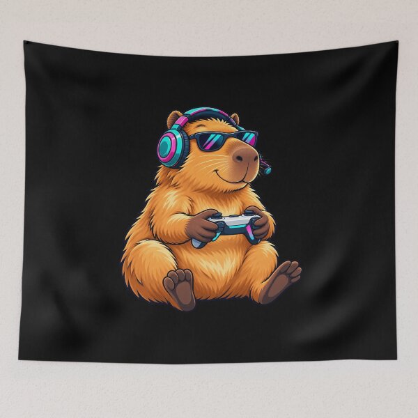 Item preview, Gaming Capybara with Neon Headphones – Cute Gamer designed and sold by JesterKrewArt.