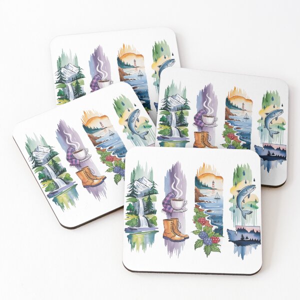 Item preview, Washington Pacific Watercolor – Mountains, Coffee & Salmon designed and sold by Marie Gems.