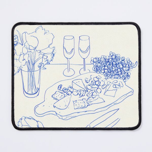 Item preview, Wine and Cheese Blue Line Art Illustration designed and sold by Sunday Margaritas Art.