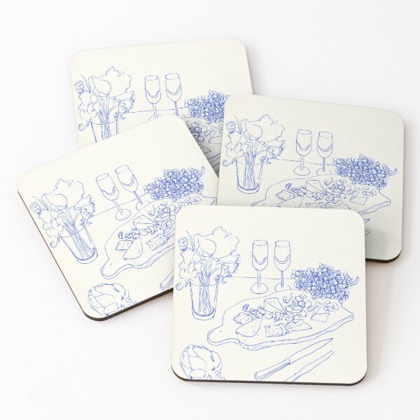Item preview, Wine and Cheese Blue Line Art Illustration designed and sold by Sunday Margaritas Art.