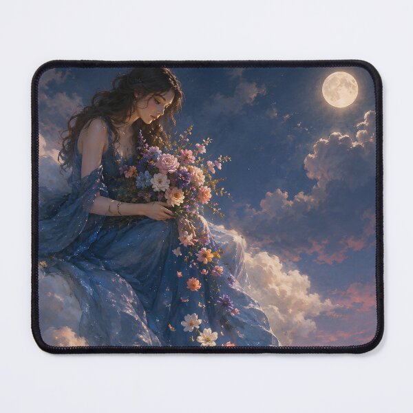 Item preview, Woman on a Cloud Moonlit Garden Dreamy Blue Dress Fantasy Floral Wall Art designed and sold by stylishdzign.