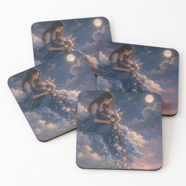 Item preview, Woman on a Cloud Moonlit Garden Dreamy Blue Dress Fantasy Floral Wall Art designed and sold by stylishdzign.