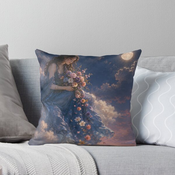 Item preview, Woman on a Cloud Moonlit Garden Dreamy Blue Dress Fantasy Floral Wall Art designed and sold by stylishdzign.