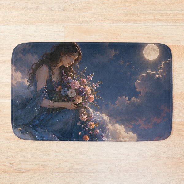 Item preview, Woman on a Cloud Moonlit Garden Dreamy Blue Dress Fantasy Floral Wall Art designed and sold by stylishdzign.