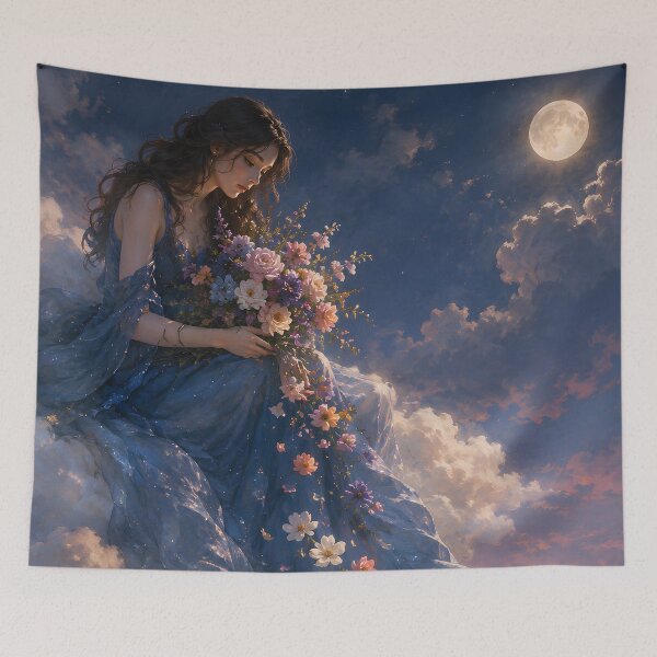 Item preview, Woman on a Cloud Moonlit Garden Dreamy Blue Dress Fantasy Floral Wall Art designed and sold by stylishdzign.
