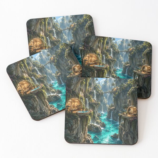 Item preview, Tropical Cliffside Waterfall Village Futuristic Paradise designed and sold by IRON SIREN.