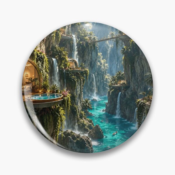 Item preview, Tropical Cliffside Waterfall Village Futuristic Paradise designed and sold by IRON SIREN.