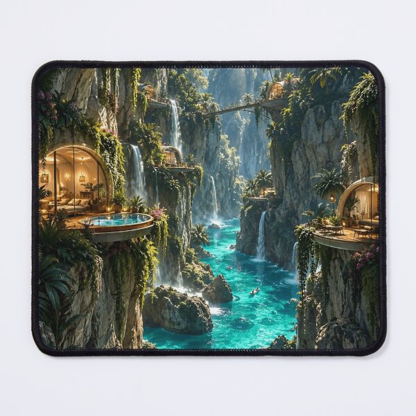 Item preview, Tropical Cliffside Waterfall Village Futuristic Paradise designed and sold by IRON SIREN.