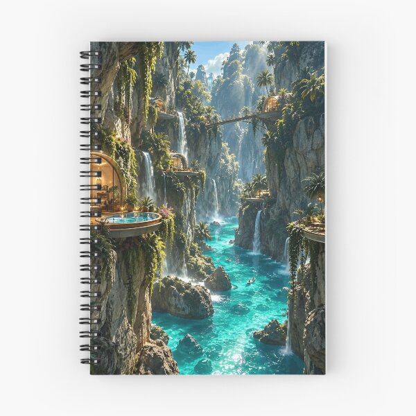 Item preview, Tropical Cliffside Waterfall Village Futuristic Paradise designed and sold by IRON SIREN.