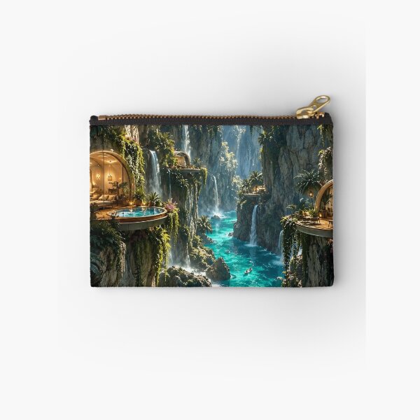 Item preview, Tropical Cliffside Waterfall Village Futuristic Paradise designed and sold by IRON SIREN.