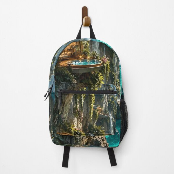 Item preview, Tropical Cliffside Waterfall Village Futuristic Paradise designed and sold by IRON SIREN.