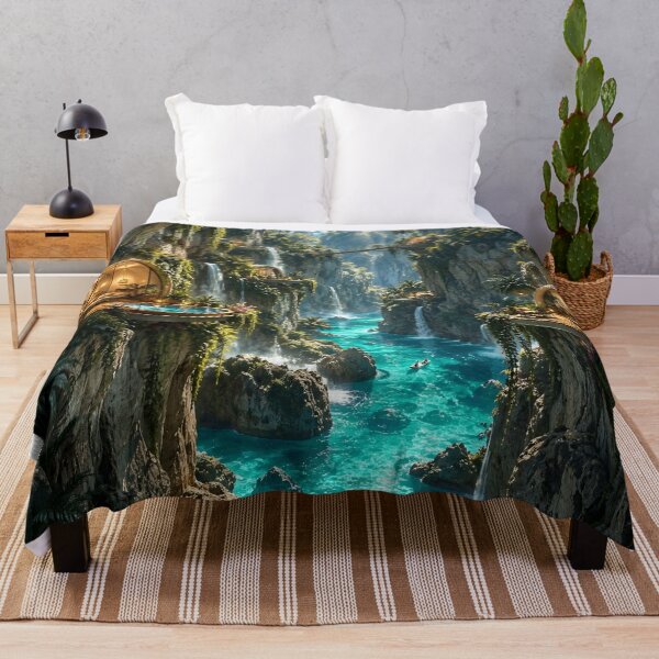 Item preview, Tropical Cliffside Waterfall Village Futuristic Paradise designed and sold by IRON SIREN.