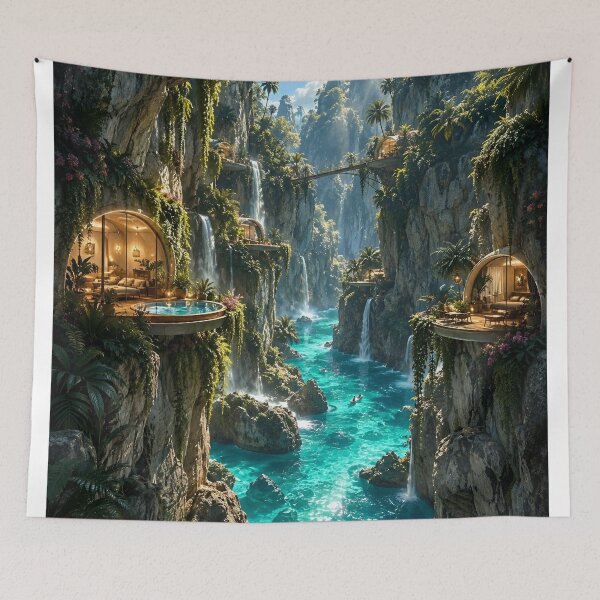 Item preview, Tropical Cliffside Waterfall Village Futuristic Paradise designed and sold by IRON SIREN.