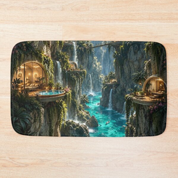 Item preview, Tropical Cliffside Waterfall Village Futuristic Paradise designed and sold by IRON SIREN.