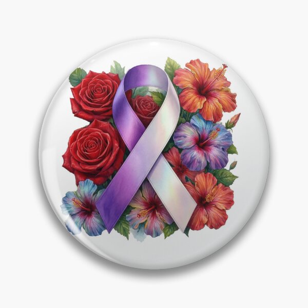 Item preview, Purple and White Awareness Ribbon Floral Sticker Art, Roses and Hibiscus Flower Design designed and sold by NotSoSubtleRosiePeas.