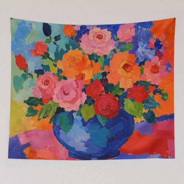 Item preview, Colorful Rose Bouquet in Blue Vase Impasto Floral Painting designed and sold by GutyzDesignsES.