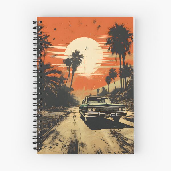 Item preview, Classic Car on Palm Tree Road Retro Sunset Illustration designed and sold by GutyzDesignsES.