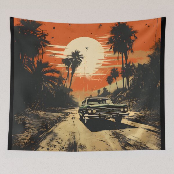 Item preview, Classic Car on Palm Tree Road Retro Sunset Illustration designed and sold by GutyzDesignsES.