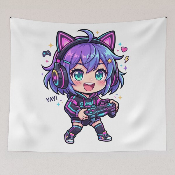 Item preview, Cute Anime Gamer Girl Cat Ear Headset Kawaii Chibi Art designed and sold by mood-draftsman.