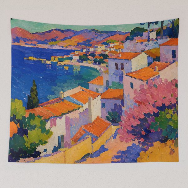 Aperçu de l'œuvre Colorful Mediterranean Coastal Village Impressionist Painting créée et vendue par GutyzDesignsES.