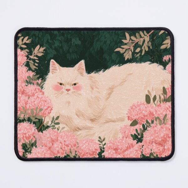 Item preview, White Cat in a Pink Flower Garden designed and sold by Sunday Margaritas Art.