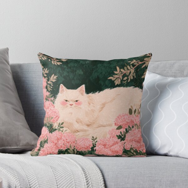 Item preview, White Cat in a Pink Flower Garden designed and sold by Sunday Margaritas Art.