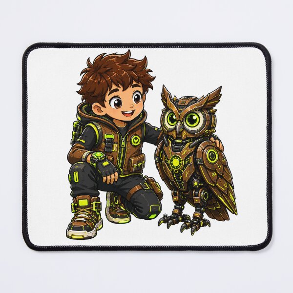 Item preview, Cute Chibi Boy and Futuristic Mechanical Owl Illustration designed and sold by Nubian Style.