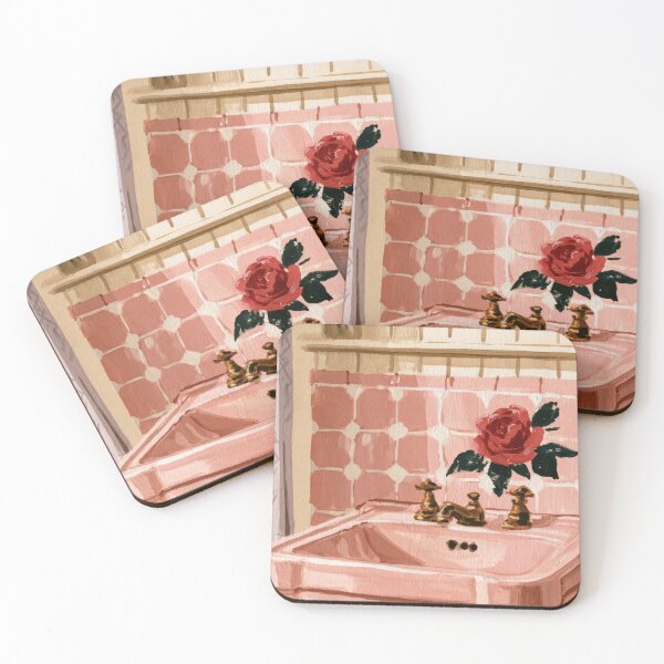 Item preview, Vintage Pink Bathroom Sink and Rose Painting designed and sold by Sunday Margaritas Art.