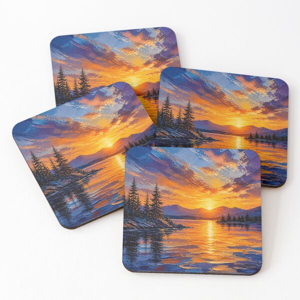 Item preview, Serene Mountain Lake Sunset Textured Oil Painting designed and sold by NinaVibeStudio.