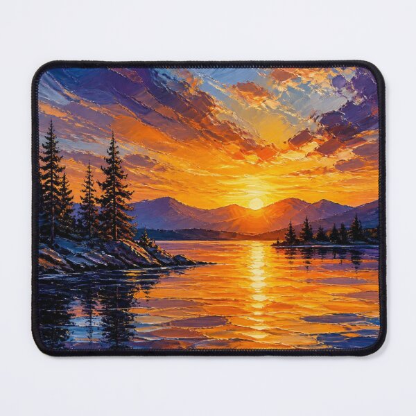 Item preview, Serene Mountain Lake Sunset Textured Oil Painting designed and sold by NinaVibeStudio.