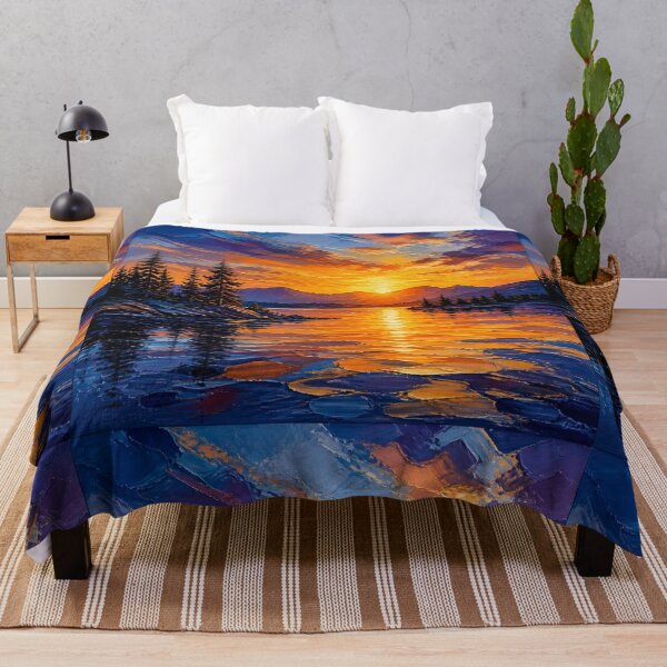 Item preview, Serene Mountain Lake Sunset Textured Oil Painting designed and sold by NinaVibeStudio.