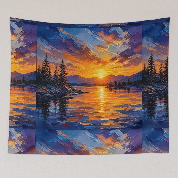 Item preview, Serene Mountain Lake Sunset Textured Oil Painting designed and sold by NinaVibeStudio.