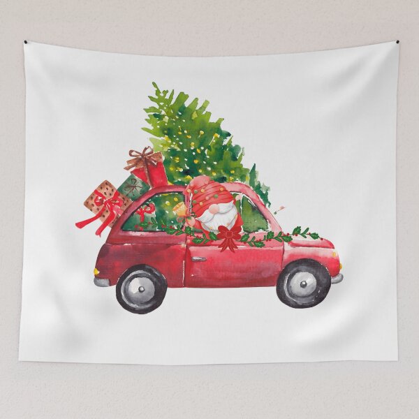 Item preview, Christmas gnome in watercolor in an old red car designed and sold by VibranPalette.