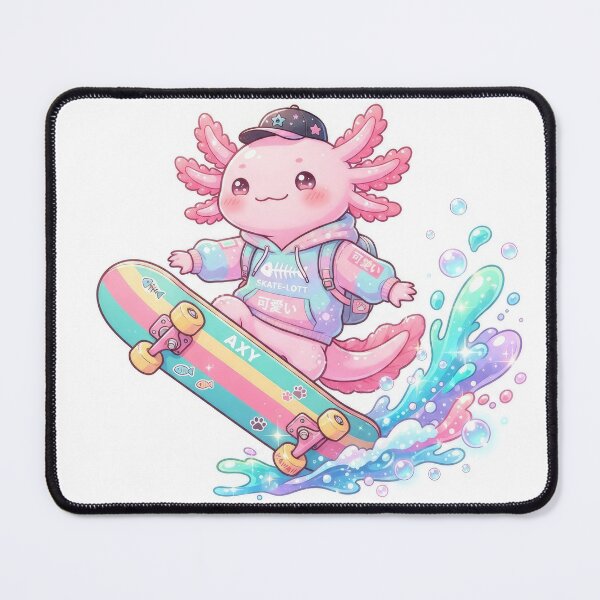 Item preview, Kawaii Pink Axolotl Skateboarding on Rainbow Wave Art designed and sold by Rahat3344.