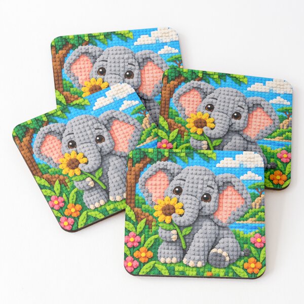 Item preview, Cute Baby Elephant with Sunflower – Colorful Building Block Mosaic Art designed and sold by WildWhimsy Art.
