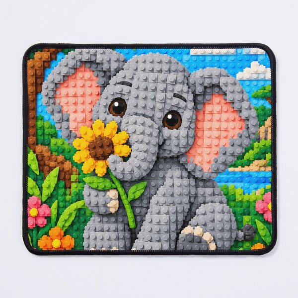 Item preview, Cute Baby Elephant with Sunflower – Colorful Building Block Mosaic Art designed and sold by WildWhimsy Art.